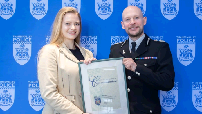 Marie Gumpert with her commendation from Chief Constable Jason Hogg | Hillingdon Today
